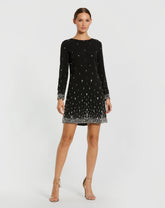 Black Embellished Crepe Long Sleeve Mini Dress